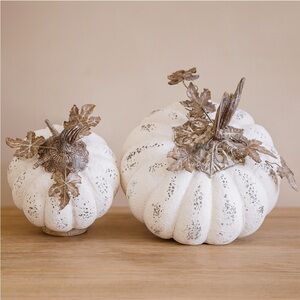 Simply Mik & Mack Designer White Pumpkins with Silver Leaf Accents- Set of 2